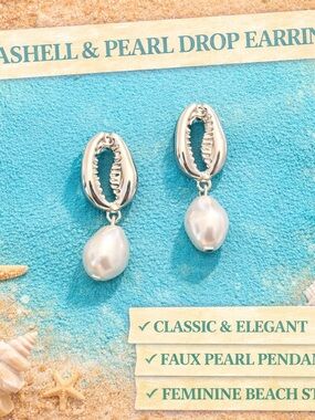 Paparazzi Silver Seashell Pearl Drop Earrings Post Back Beachy
